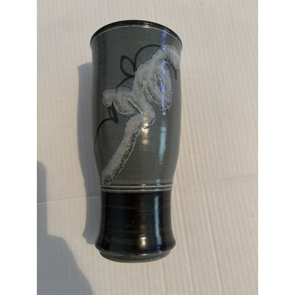 VTG Signed 1987 Studio Art Pottery Vase MCM Gray 2tone Drip Glaze Abstract